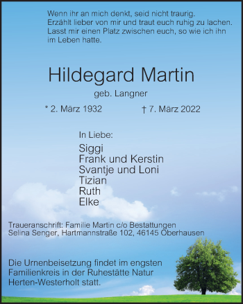 Traueranzeige von Hildegard Martin von WVW Anzeigenblätter