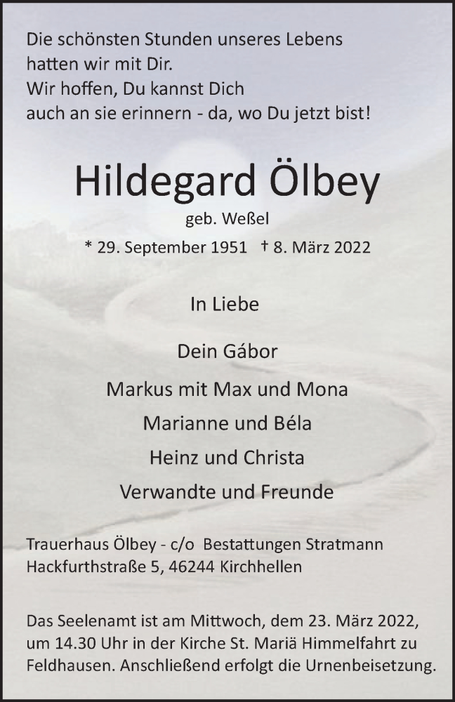  Traueranzeige für Hildegard Ölbey vom 19.03.2022 aus WVW Anzeigenblätter