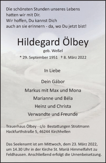 Traueranzeige von Hildegard Ölbey von WVW Anzeigenblätter