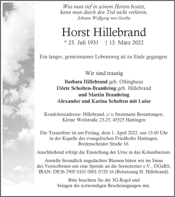 Traueranzeige von Horst Hillebrand von WVW Anzeigenblätter