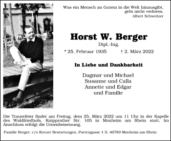 Traueranzeige von Horst W. Berger von WVW Anzeigenblätter