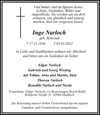 Traueranzeige von Inge Narloch von WVW Anzeigenblätter