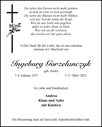 Traueranzeige von Ingeburg Gorzelanczyk von WVW Anzeigenblätter