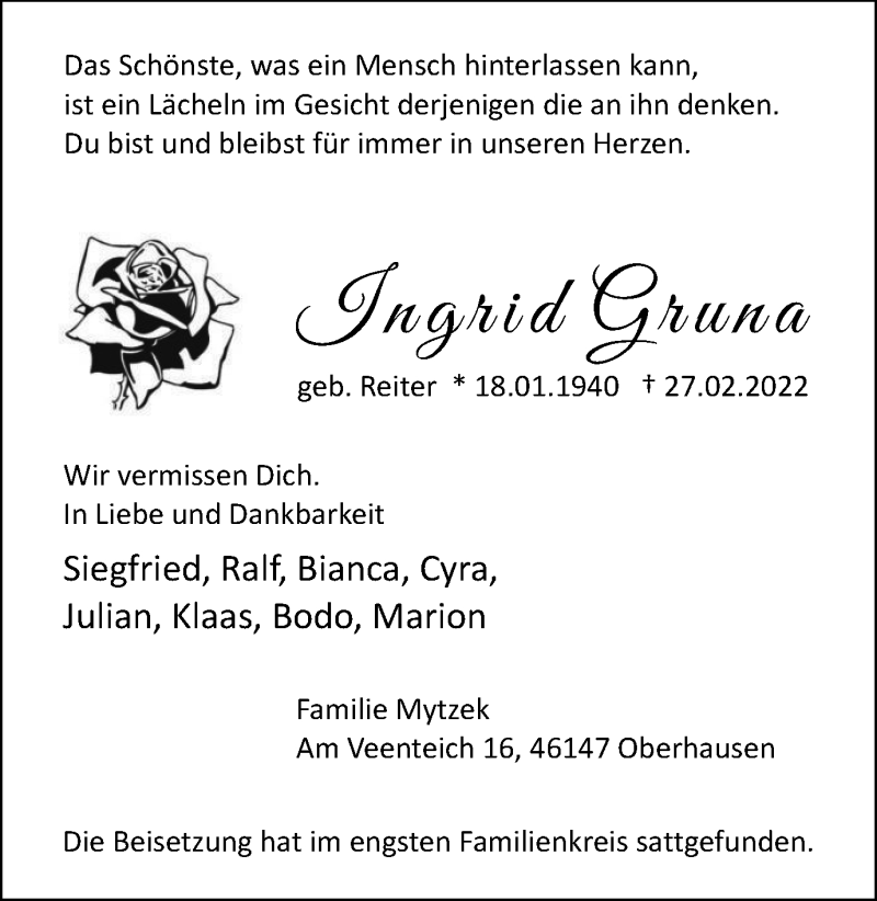  Traueranzeige für Ingrid Gruna vom 12.03.2022 aus WVW Anzeigenblätter