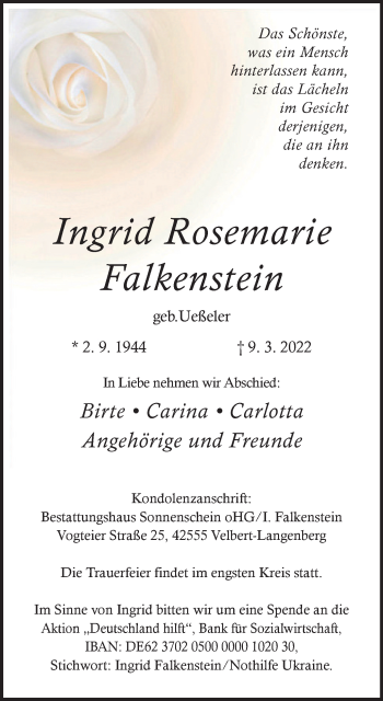 Traueranzeige von Ingrid Rosemarie Falkenstein von WVW Anzeigenblätter