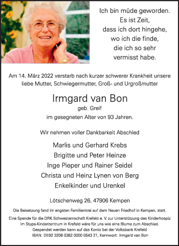 Traueranzeige von Irmgard van Bon von WVW Anzeigenblätter