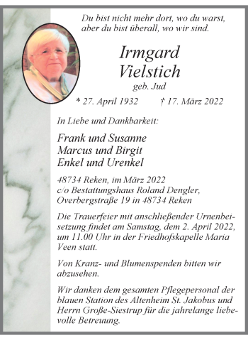 Traueranzeige von Irmgard Vielstich von WVW Anzeigenblätter