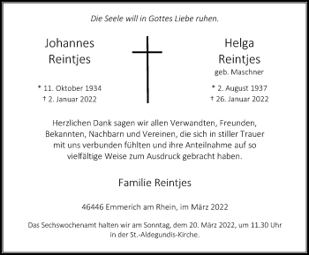 Traueranzeige von Johannes und Helga Reintjes von WVW Anzeigenblätter