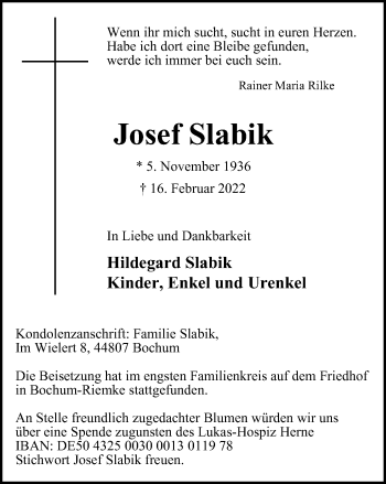 Traueranzeige von Josef Slabik von WVW Anzeigenblätter