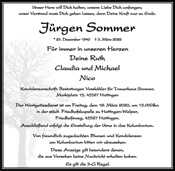 Traueranzeige von Jürgen Sommer von WVW Anzeigenblätter
