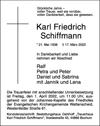 Traueranzeige von Karl Friedrich Schiffmann von WVW Anzeigenblätter