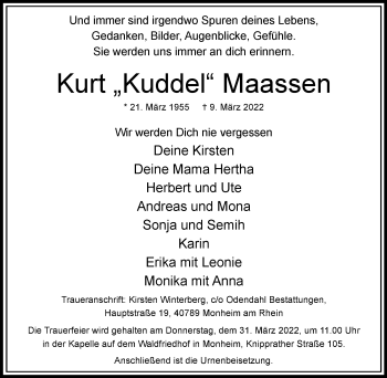 Traueranzeige von Kurt Maassen von WVW Anzeigenblätter