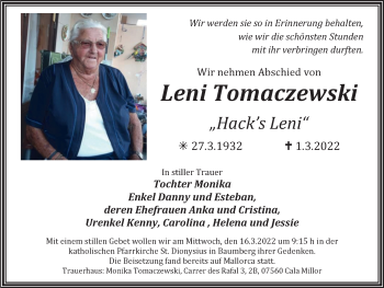 Traueranzeige von Leni Tomaczewski von WVW Anzeigenblätter