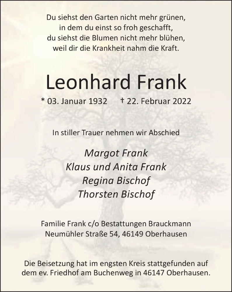  Traueranzeige für Leonhard Frank vom 05.03.2022 aus WVW Anzeigenblätter