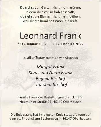 Traueranzeige von Leonhard Frank von WVW Anzeigenblätter