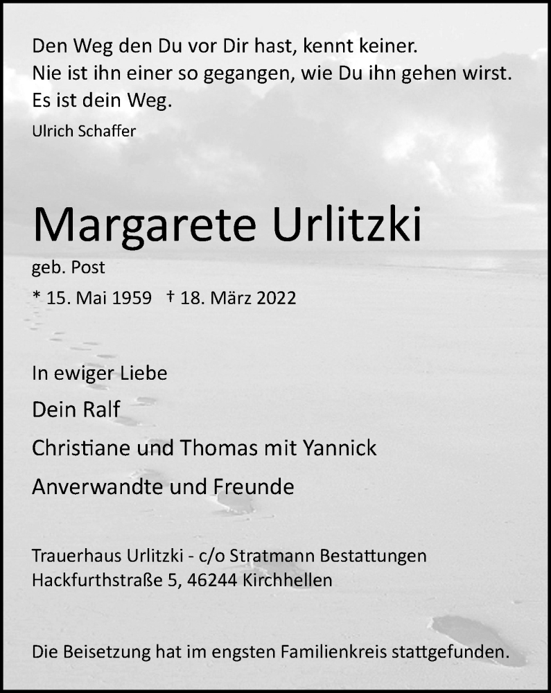 Traueranzeige für Margarete Urlitzki vom 26.03.2022 aus WVW Anzeigenblätter
