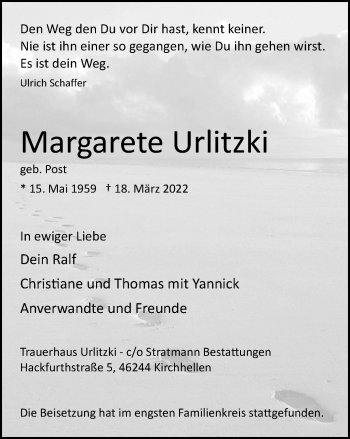 Traueranzeige von Margarete Urlitzki von WVW Anzeigenblätter