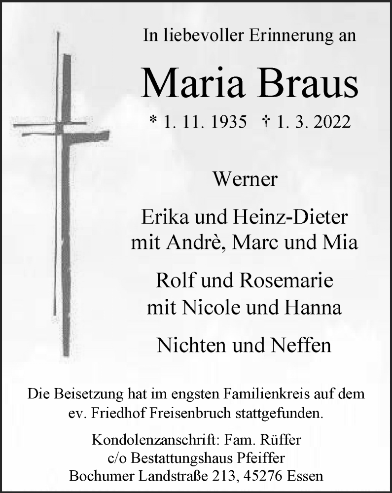  Traueranzeige für Maria Braus vom 12.03.2022 aus WVW Anzeigenblätter