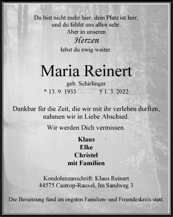 Traueranzeige von Maria Reinert von WVW Anzeigenblätter