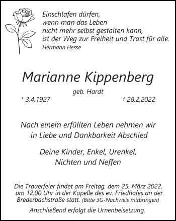 Traueranzeige von Marianne Kippenberg von WVW Anzeigenblätter