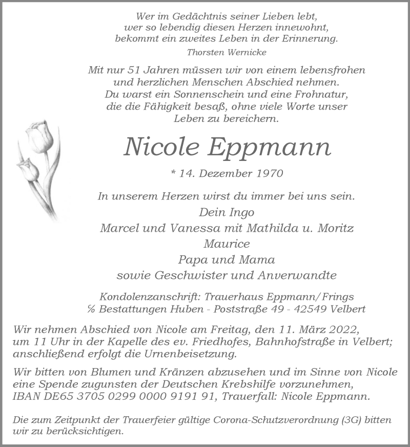  Traueranzeige für Nicole Eppmann vom 05.03.2022 aus WVW Anzeigenblätter