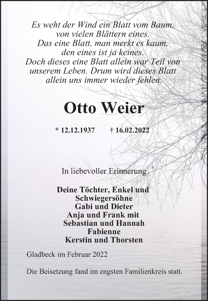 Traueranzeige für Otto Weier vom 12.03.2022 aus WVW/ORA