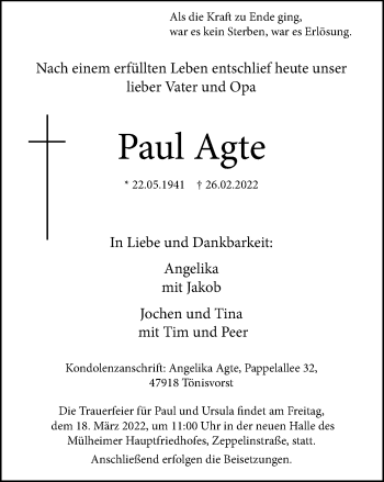 Traueranzeige von Paul Agte von WVW Anzeigenblätter