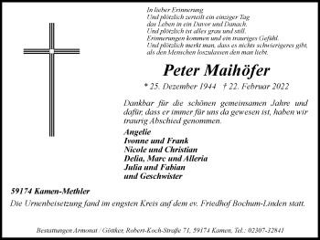 Traueranzeige von Peter Maihöfer von WVW Anzeigenblätter