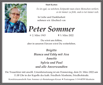 Traueranzeige von Peter Sommer von WVW Anzeigenblätter