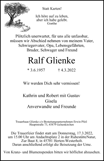 Traueranzeige von Ralf Glienke von WVW Anzeigenblätter