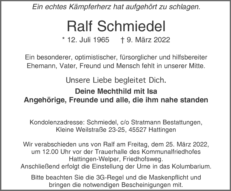  Traueranzeige für Ralf Schmiedel vom 19.03.2022 aus WVW Anzeigenblätter