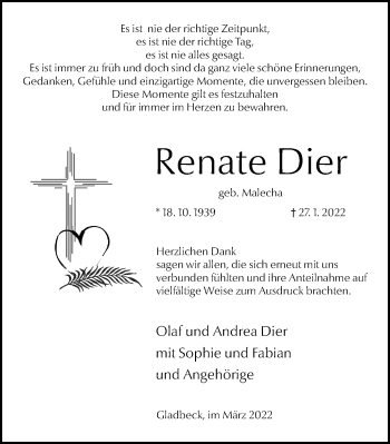 Traueranzeige von Renate Dier von WVW Anzeigenblätter