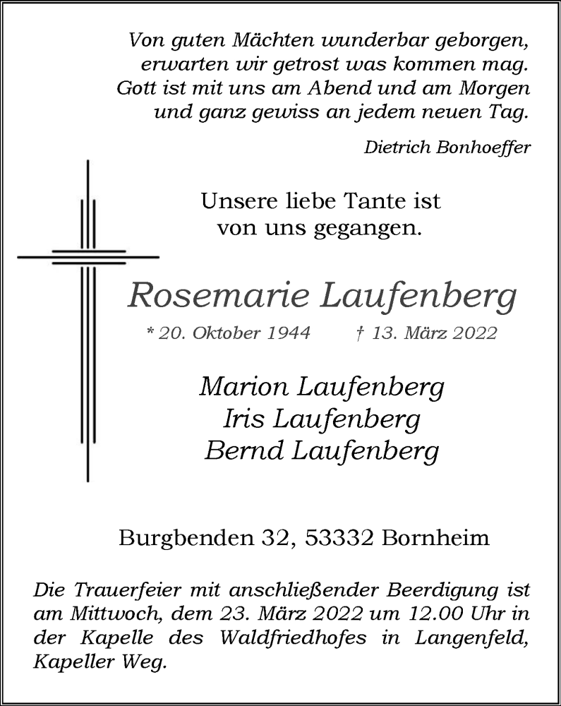  Traueranzeige für Rosemarie Laufenberg vom 19.03.2022 aus WVW Anzeigenblätter