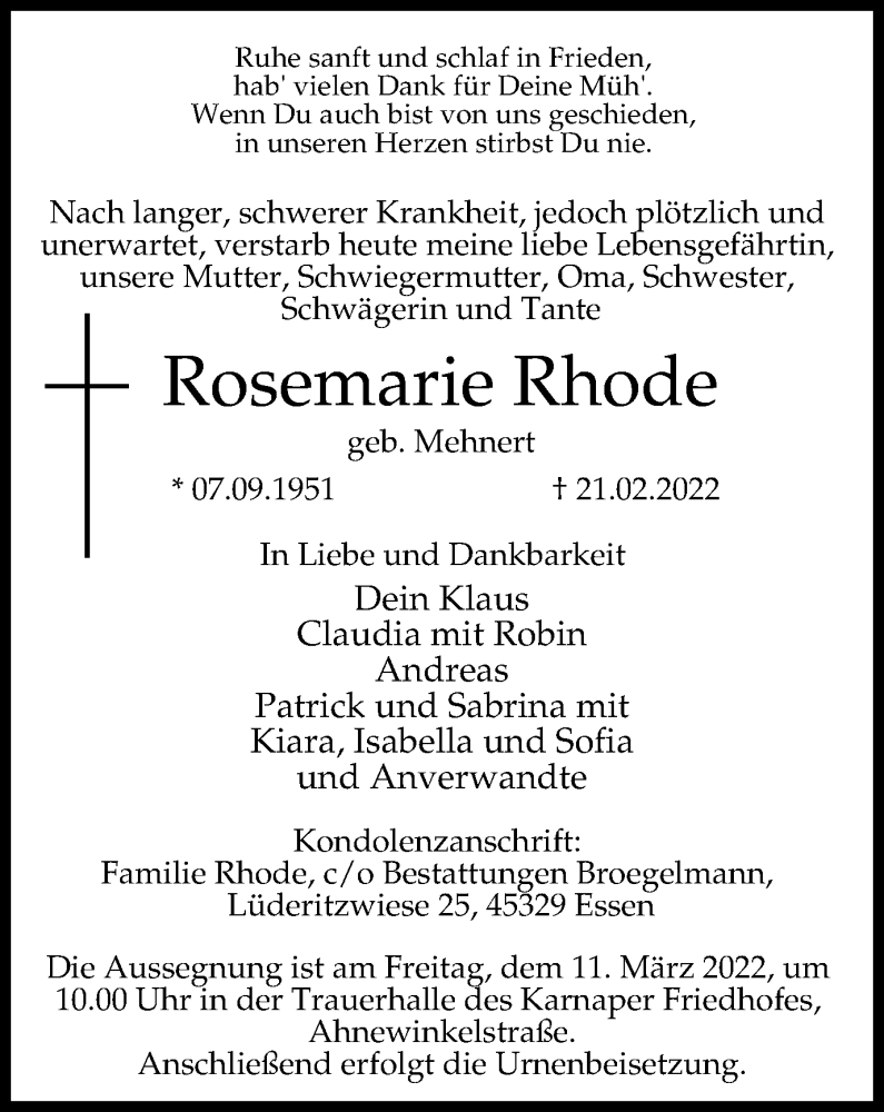  Traueranzeige für Rosemarie Rhode vom 05.03.2022 aus WVW Anzeigenblätter