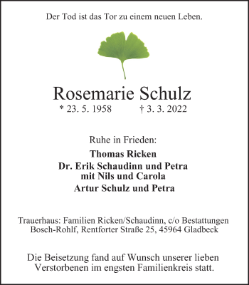 Traueranzeige von Rosemarie Schulz von WVW Anzeigenblätter