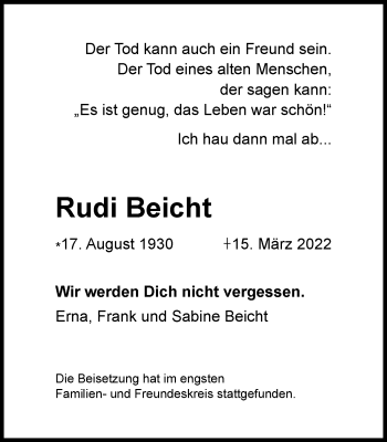 Traueranzeige von Rudi Beicht von WVW Anzeigenblätter