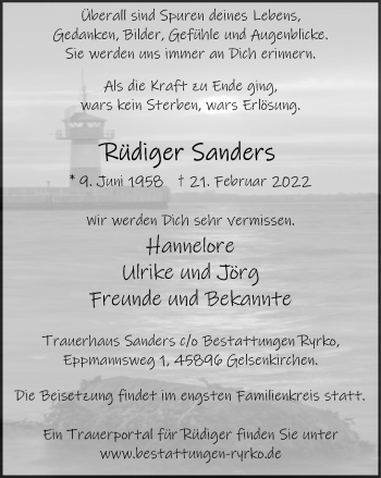 Traueranzeige von Rüdiger Sanders von WVW Anzeigenblätter