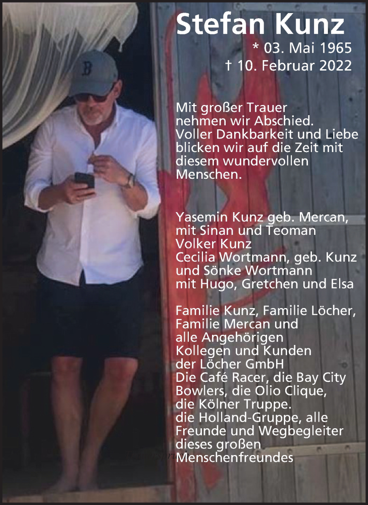  Traueranzeige für Stefan Kunz vom 12.03.2022 aus WVW Anzeigenblätter
