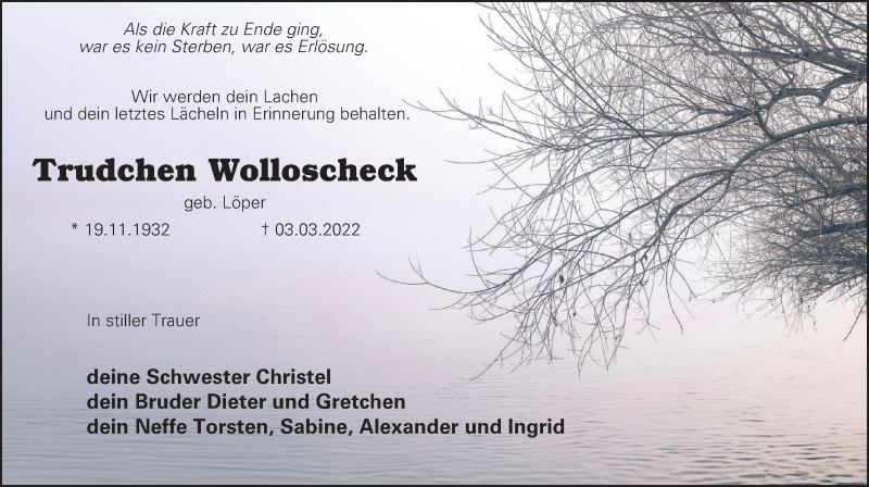  Traueranzeige für Trudchen Wolloscheck vom 12.03.2022 aus WVW Anzeigenblätter