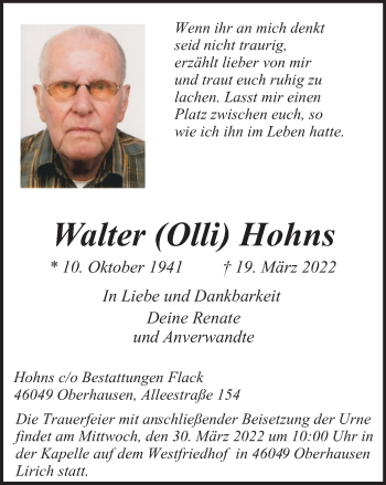 Traueranzeige von Walter Hohns von WVW Anzeigenblätter