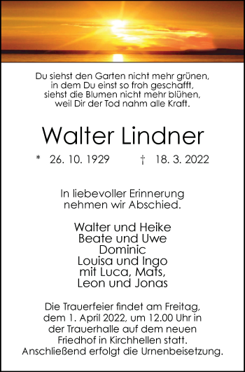 Traueranzeige von Walter Lindner von WVW Anzeigenblätter