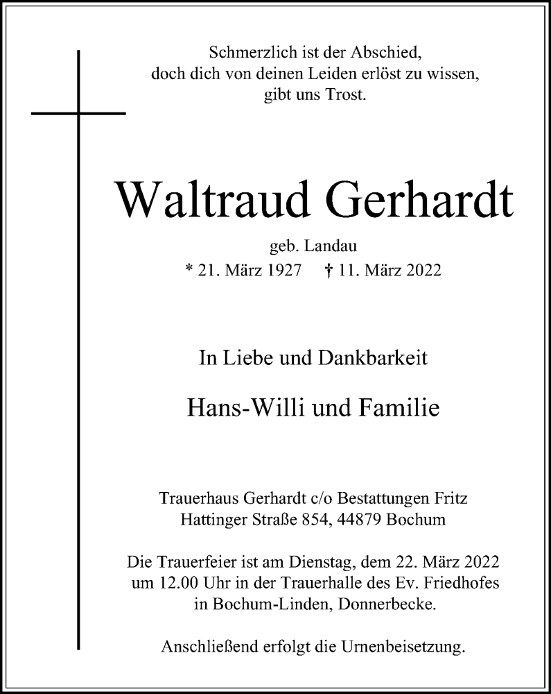  Traueranzeige für Waltraud Gerhardt vom 19.03.2022 aus WVW Anzeigenblätter