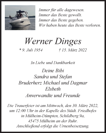 Traueranzeige von Werner Dinges von WVW Anzeigenblätter