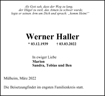 Traueranzeige von Werner Haller von WVW Anzeigenblätter