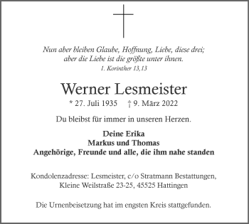 Traueranzeige von Werner Lesmeister von WVW Anzeigenblätter