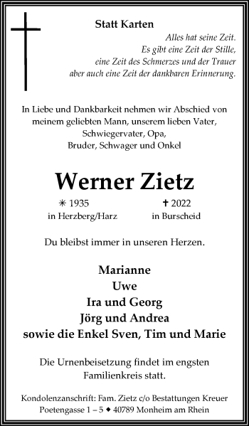 Traueranzeige von Werner Zietz von WVW Anzeigenblätter