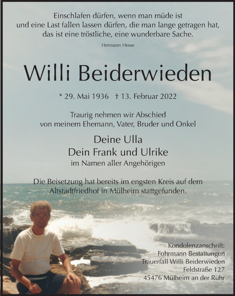  Traueranzeige für Willi Beiderwieden vom 12.03.2022 aus WVW Anzeigenblätter