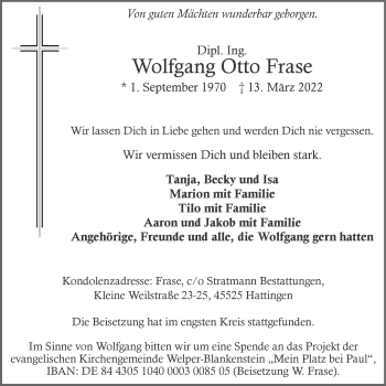 Traueranzeige von Wolfgang Otto Frase von WVW Anzeigenblätter