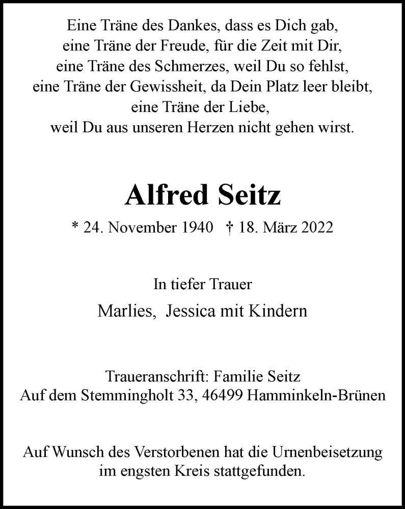  Traueranzeige für Alfred Seitz vom 02.04.2022 aus WVW/ORA