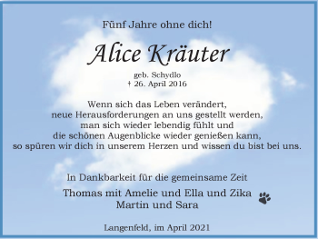Traueranzeige von Alice Kräuter von WVW Anzeigenblätter